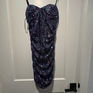 Sequin Bodycon Mini Dress in Iridescent Black and Purple